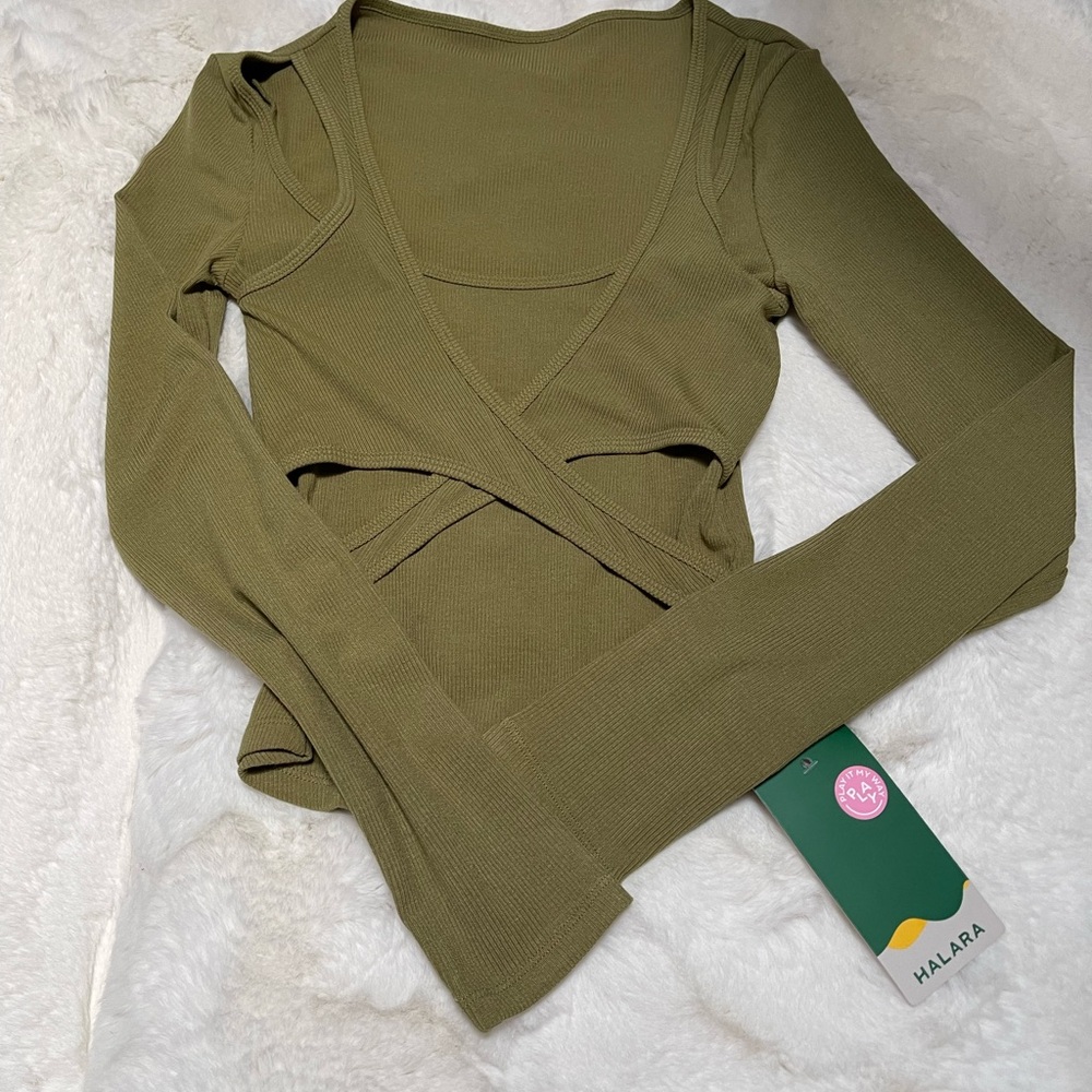 Ribbed Knit Square Neck Cut Out Long Sleeve Curved Hem Cropped Casual Sports Top